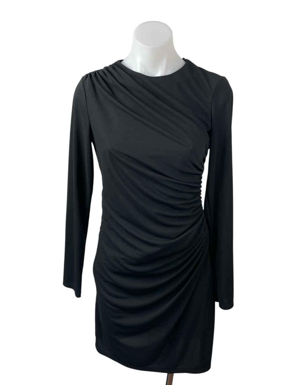 Zara Women's Black Long Sleeve Draped Ruched Crew Neck Mini Bodycon Dress Size M